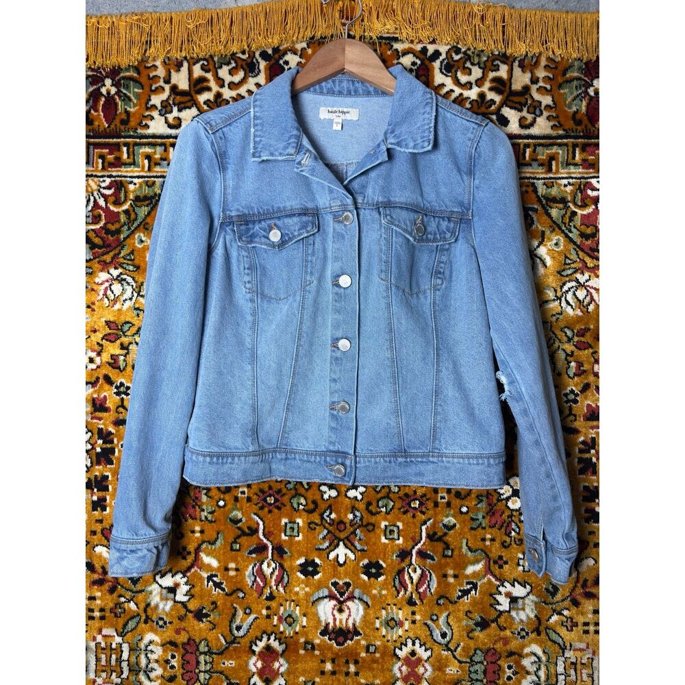 Distressed Light Wash 100% Cotton Denim Jacket sz Large Haute Hippie Tribe